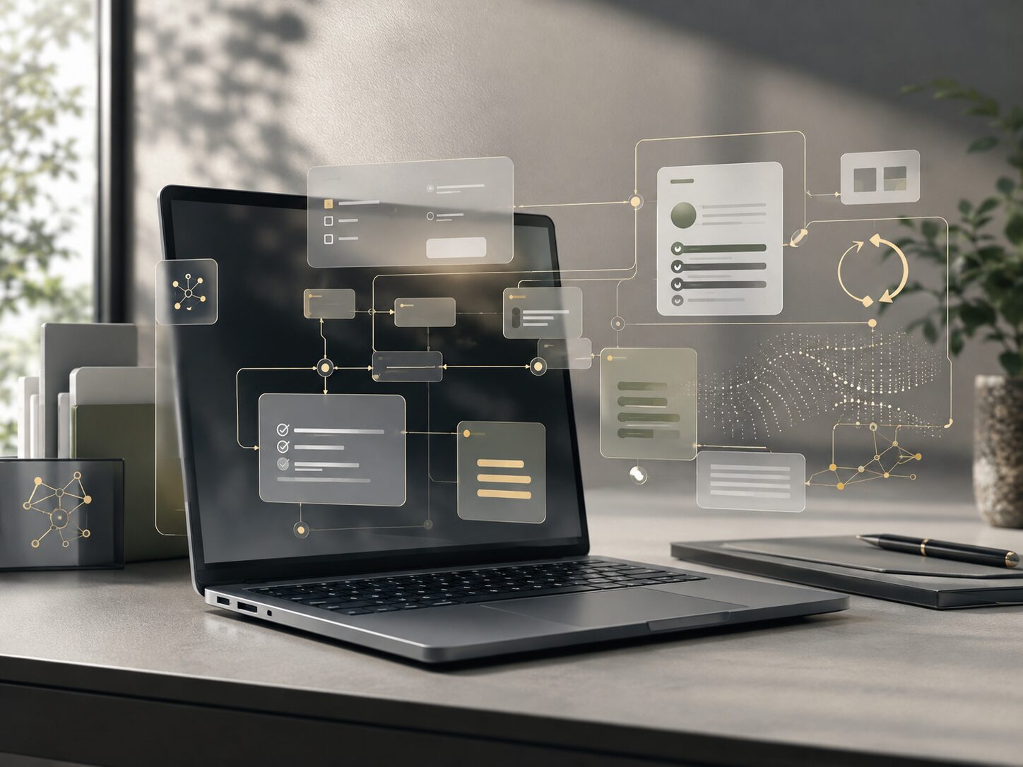 Computer workspace with abstract AI and workflow automation layers